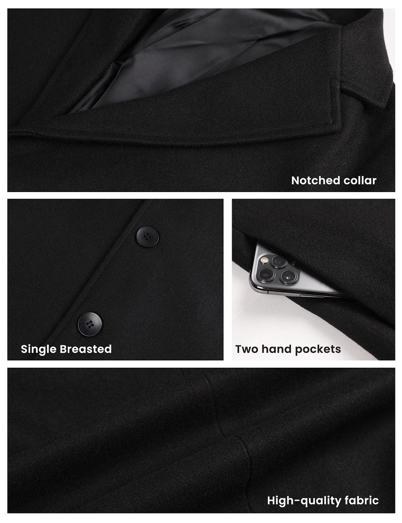 Tanming Mens Black Trench Coat Notched Lapel Single Breasted Long Peacoat Overcoat (Black-XL) - Image 5
